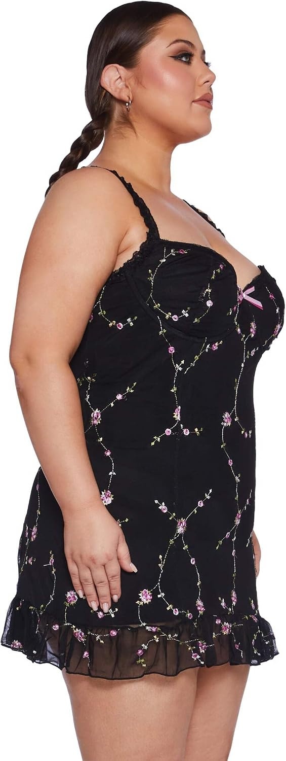 image:imageDolls Kill Im Baby Mini Slip Dress by Sugar Thrillz Mesh Dress with Ruffle Hem and Embroidered FlowersBlack