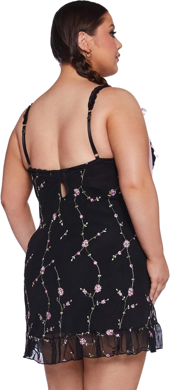 image:imageDolls Kill Im Baby Mini Slip Dress by Sugar Thrillz Mesh Dress with Ruffle Hem and Embroidered FlowersBlack