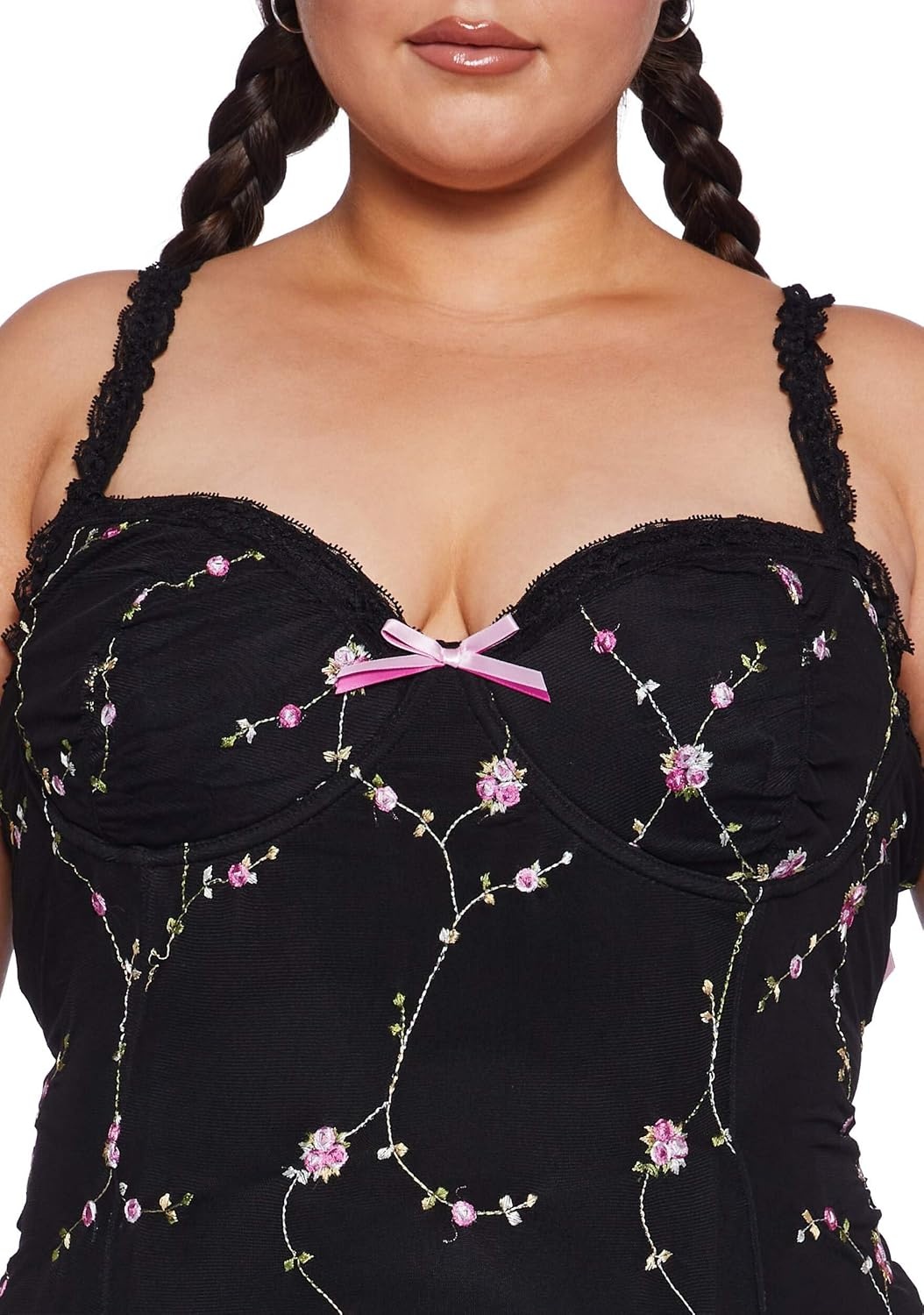 image:imageDolls Kill Im Baby Mini Slip Dress by Sugar Thrillz Mesh Dress with Ruffle Hem and Embroidered FlowersBlack