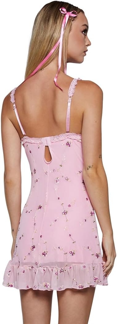 image:imageDolls Kill Im Baby Mini Slip Dress by Sugar Thrillz Mesh Dress with Ruffle Hem and Embroidered FlowersLight Pink