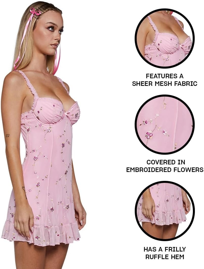 image:imageDolls Kill Im Baby Mini Slip Dress by Sugar Thrillz Mesh Dress with Ruffle Hem and Embroidered FlowersLight Pink