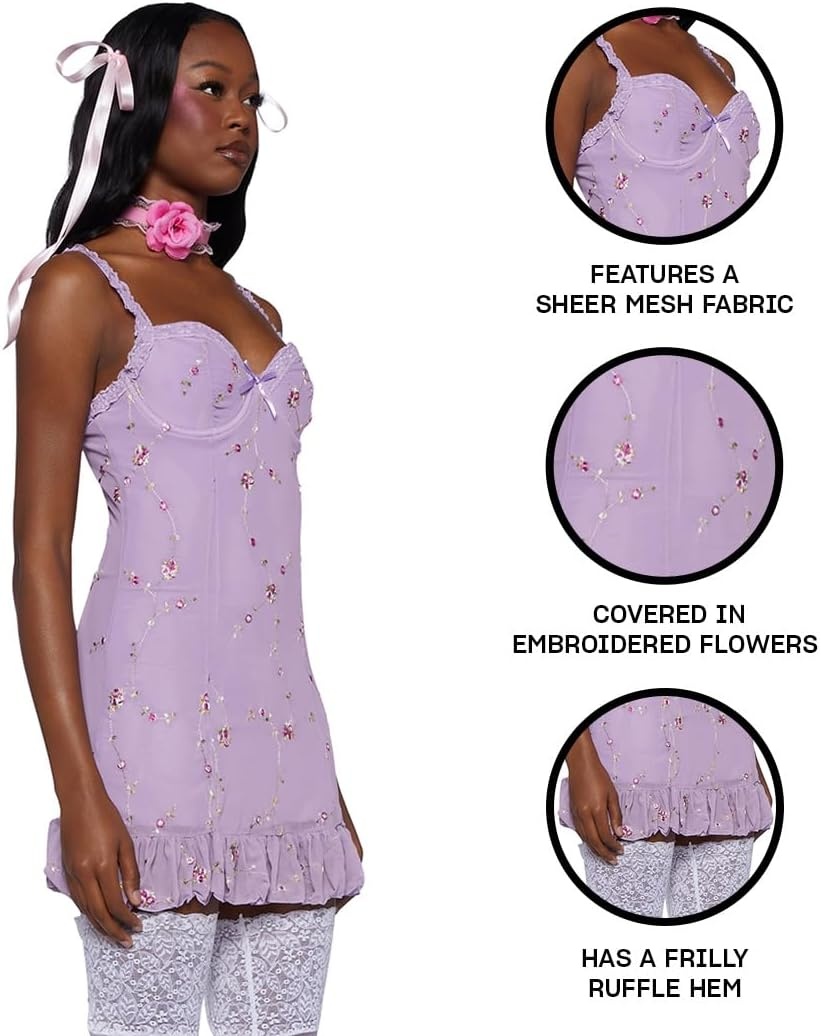 image:imageDolls Kill Im Baby Mini Slip Dress by Sugar Thrillz Mesh Dress with Ruffle Hem and Embroidered FlowersLight Purple