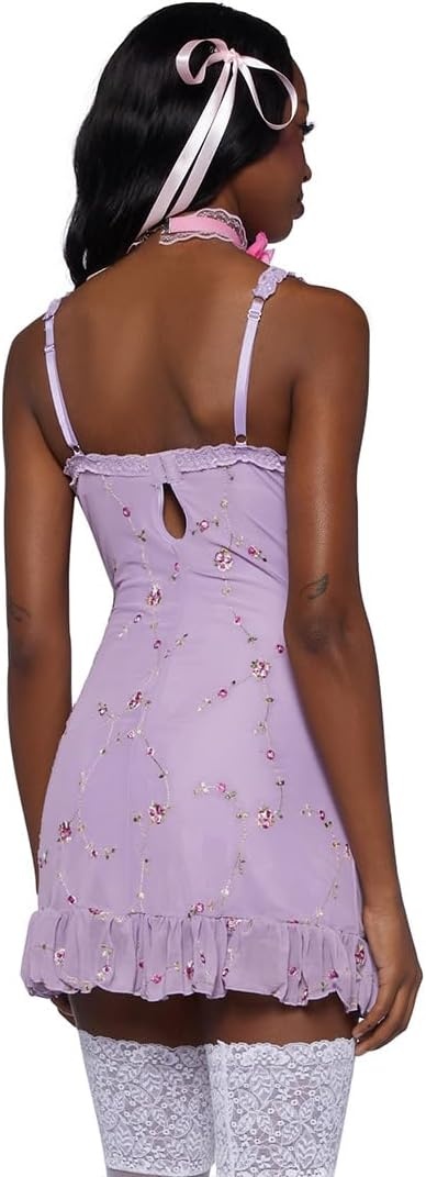 image:imageDolls Kill Im Baby Mini Slip Dress by Sugar Thrillz Mesh Dress with Ruffle Hem and Embroidered FlowersLight Purple