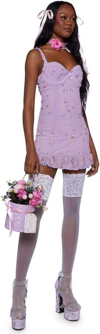 image:imageDolls Kill Im Baby Mini Slip Dress by Sugar Thrillz Mesh Dress with Ruffle Hem and Embroidered FlowersLight Purple