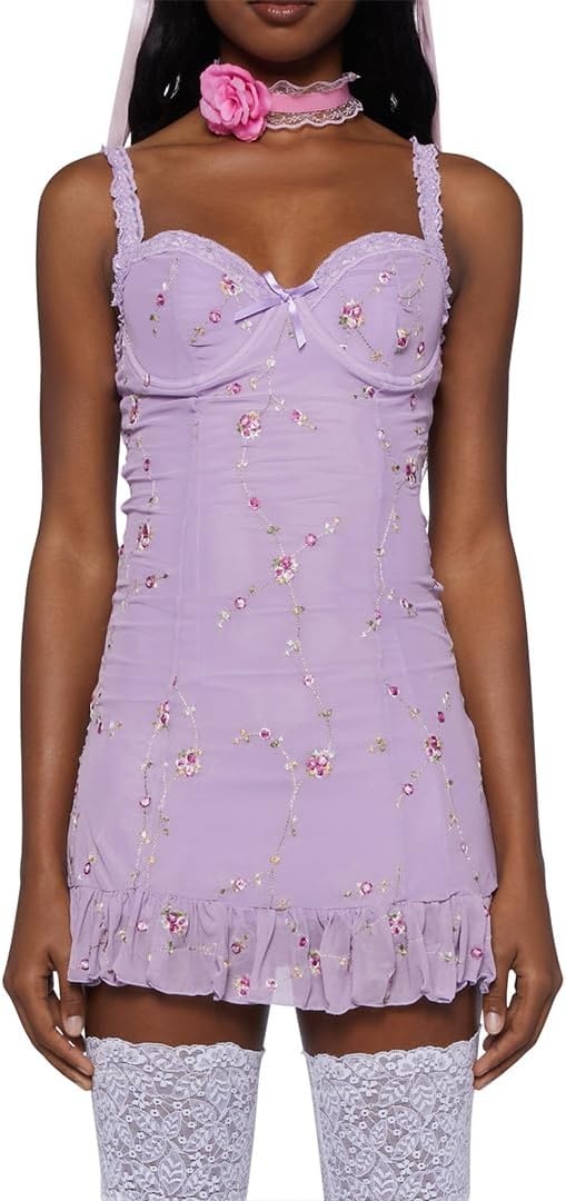 image:imageDolls Kill Im Baby Mini Slip Dress by Sugar Thrillz Mesh Dress with Ruffle Hem and Embroidered FlowersLight Purple