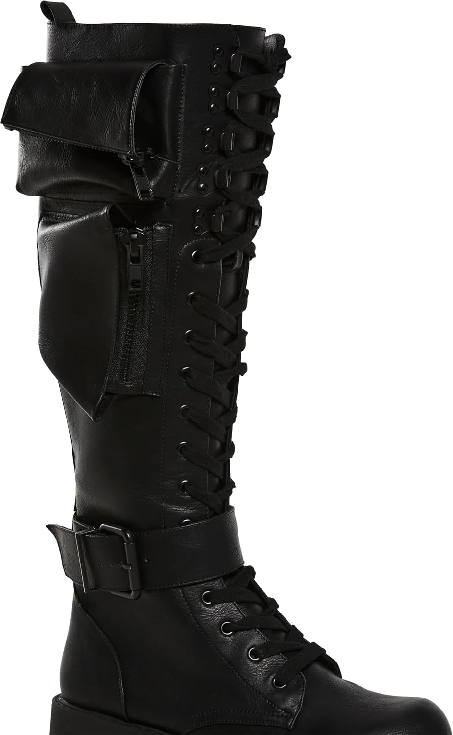 image:imageDolls Kill Obsidian Pocket Combat Boots by Current Mood Knee High Vegan Leather Combat Boots for Edgy StyleBlack