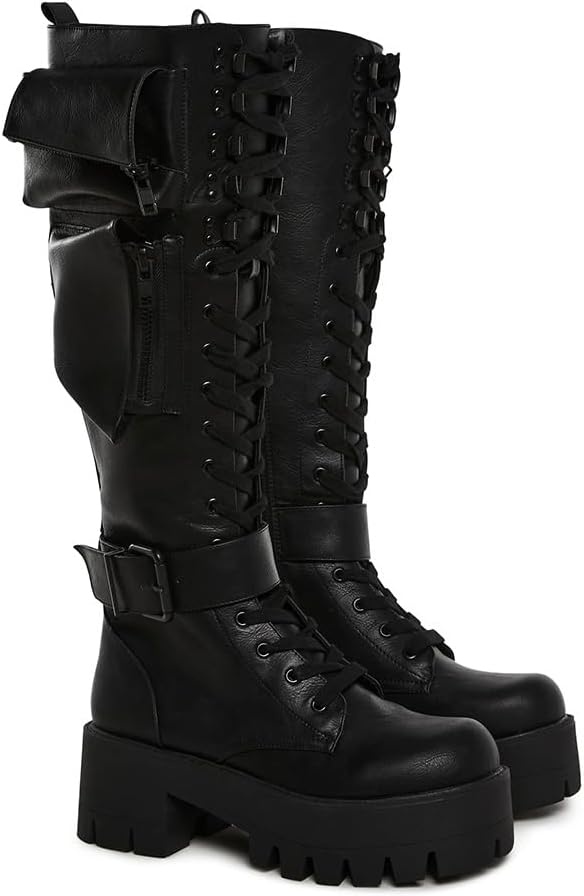 image:imageDolls Kill Obsidian Pocket Combat Boots by Current Mood Knee High Vegan Leather Combat Boots for Edgy StyleBlack