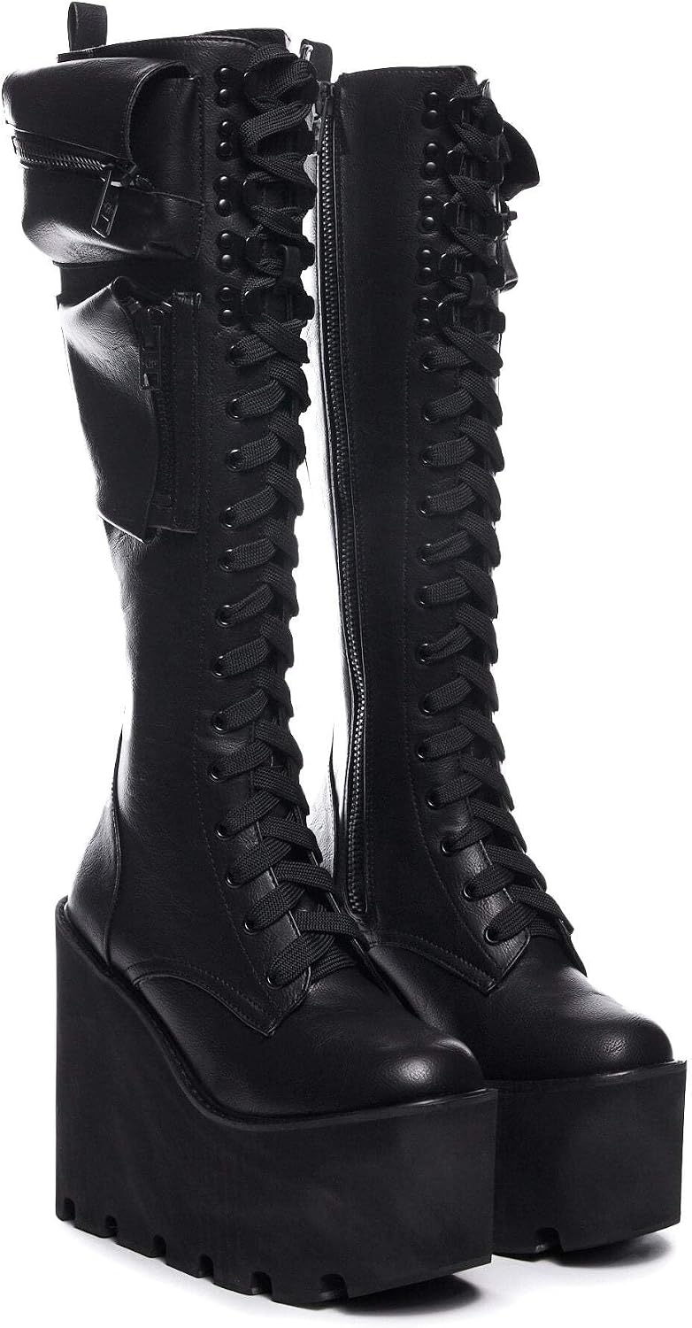 image:imageDolls Kill Obsidian Pocket Platform Boots by Current Mood KneeHigh Grunge Boots with Platform Sole LaceUp Front and Zip PocketsBlack