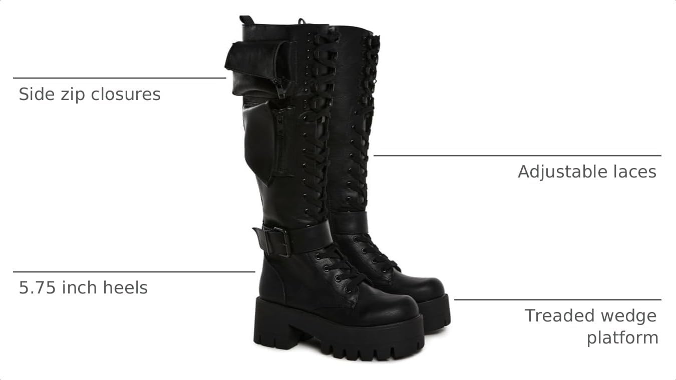 image:imageDolls Kill Obsidian Pocket Platform Boots by Current Mood KneeHigh Grunge Boots with Platform Sole LaceUp Front and Zip PocketsBlack