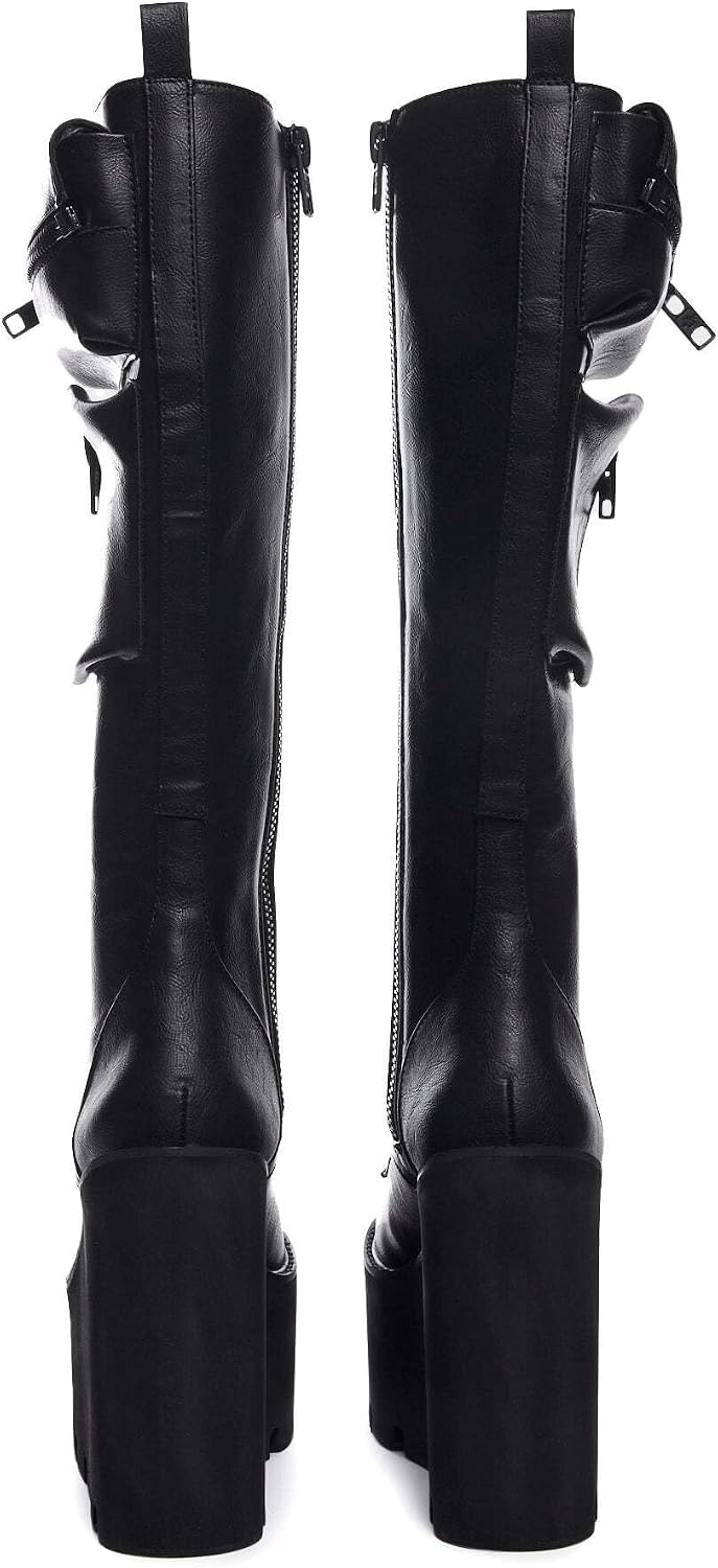 image:imageDolls Kill Obsidian Pocket Platform Boots by Current Mood KneeHigh Grunge Boots with Platform Sole LaceUp Front and Zip PocketsBlack