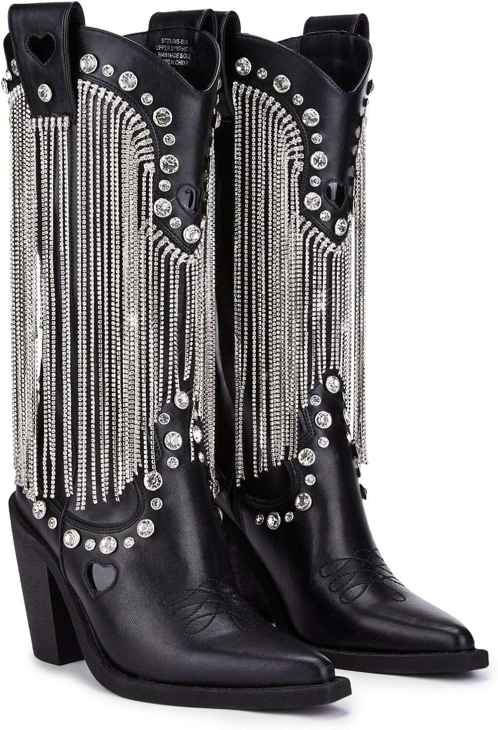 image:imageDolls Kill Present Perfect Cowboy Boots by Sugar Thrillz Vegan Leather Footwear With Rhinestone Fringe and Jewel StudsBlack