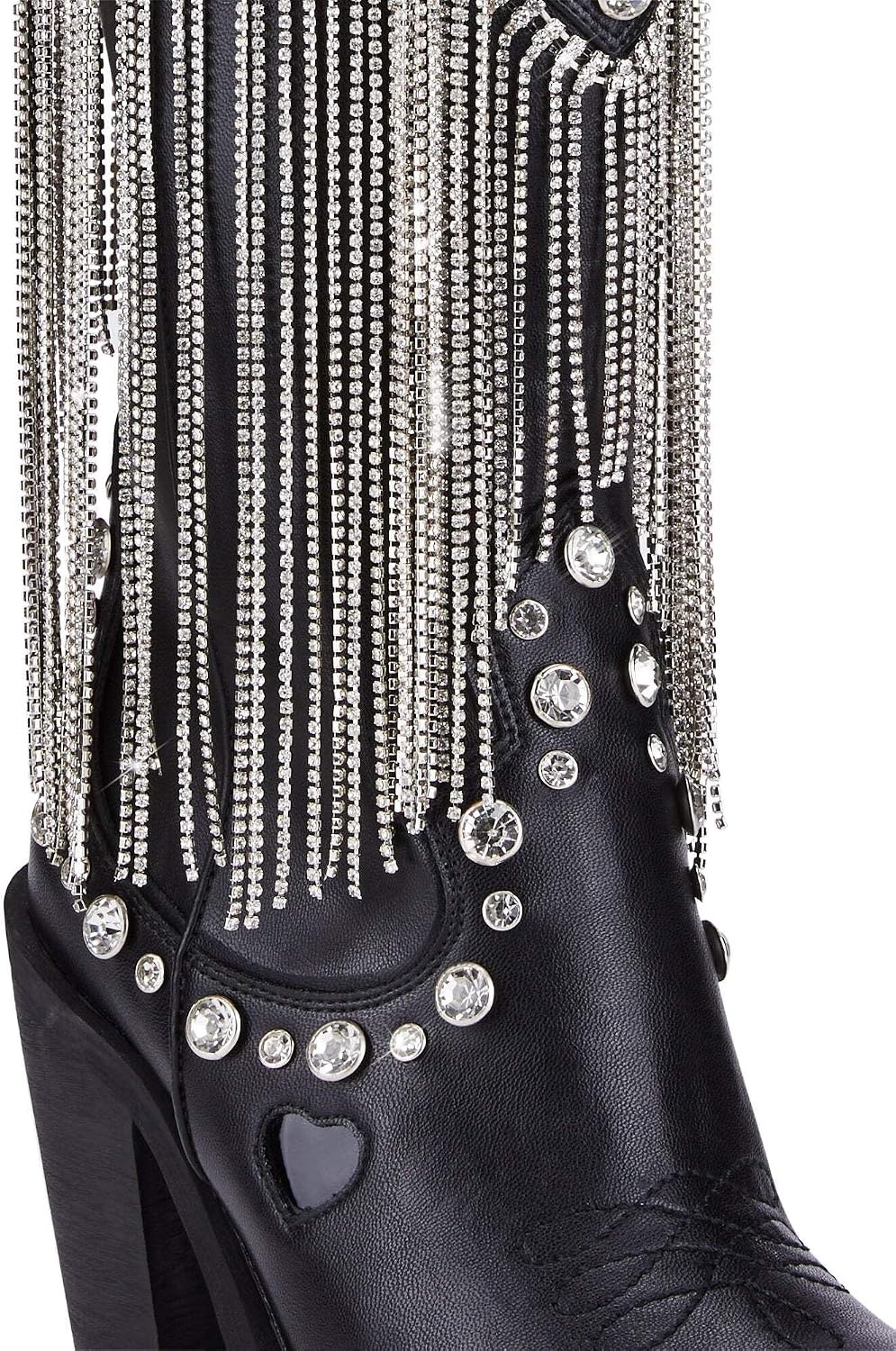 image:imageDolls Kill Present Perfect Cowboy Boots by Sugar Thrillz Vegan Leather Footwear With Rhinestone Fringe and Jewel StudsBlack