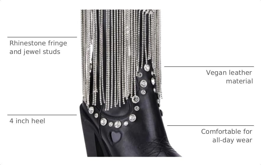 image:imageDolls Kill Present Perfect Cowboy Boots by Sugar Thrillz Vegan Leather Footwear With Rhinestone Fringe and Jewel StudsBlack