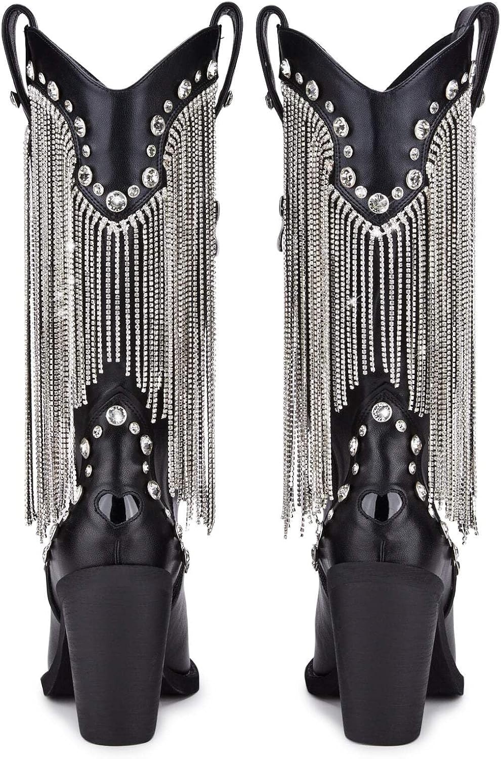 image:imageDolls Kill Present Perfect Cowboy Boots by Sugar Thrillz Vegan Leather Footwear With Rhinestone Fringe and Jewel StudsBlack