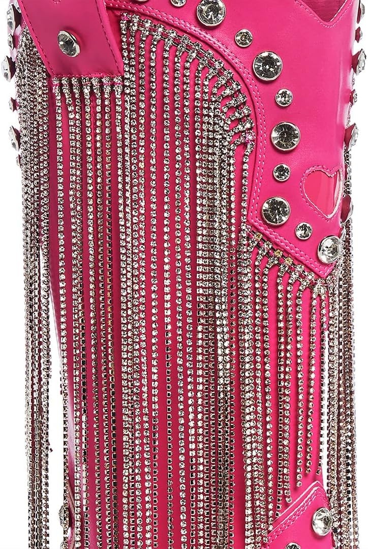 image:imageDolls Kill Present Perfect Cowboy Boots by Sugar Thrillz Vegan Leather Footwear With Rhinestone Fringe and Jewel StudsDark Pink