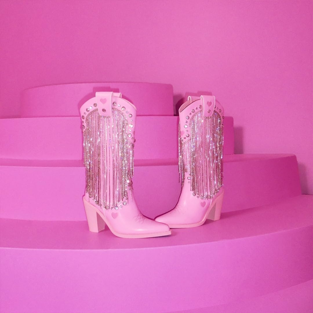 image:imageDolls Kill Present Perfect Cowboy Boots by Sugar Thrillz Vegan Leather Footwear With Rhinestone Fringe and Jewel StudsDark Pink