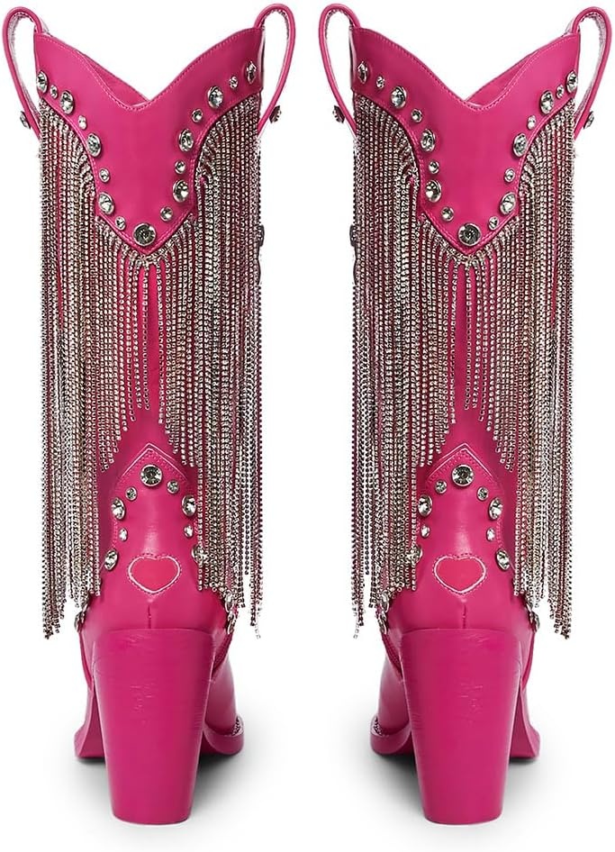 image:imageDolls Kill Present Perfect Cowboy Boots by Sugar Thrillz Vegan Leather Footwear With Rhinestone Fringe and Jewel StudsDark Pink