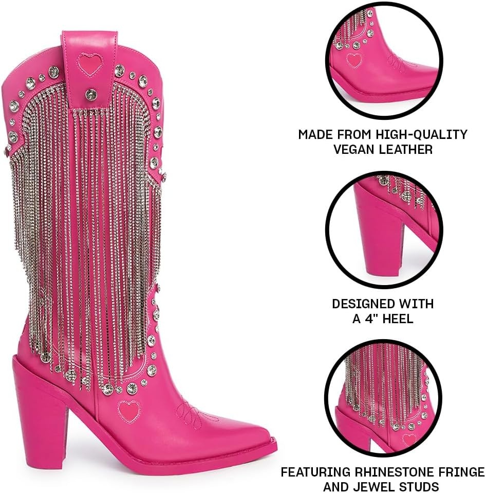 image:imageDolls Kill Present Perfect Cowboy Boots by Sugar Thrillz Vegan Leather Footwear With Rhinestone Fringe and Jewel StudsDark Pink