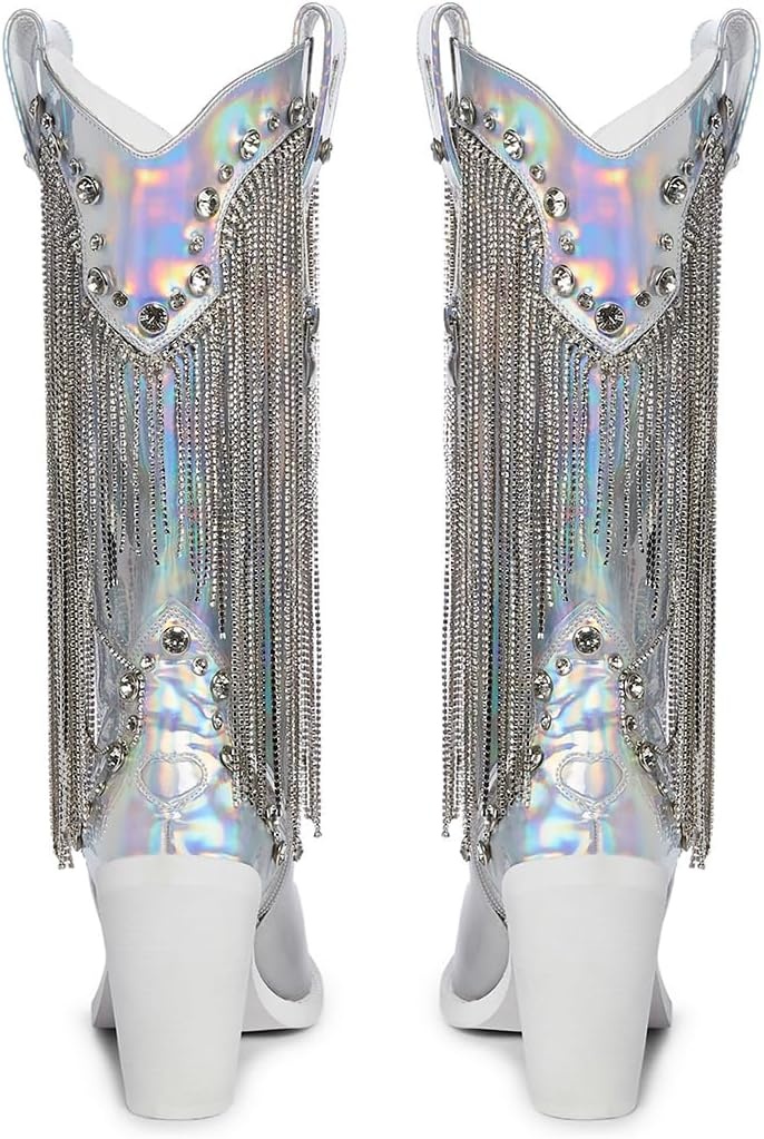 image:imageDolls Kill Present Perfect Cowboy Boots by Sugar Thrillz Vegan Leather Footwear With Rhinestone Fringe and Jewel StudsHolo