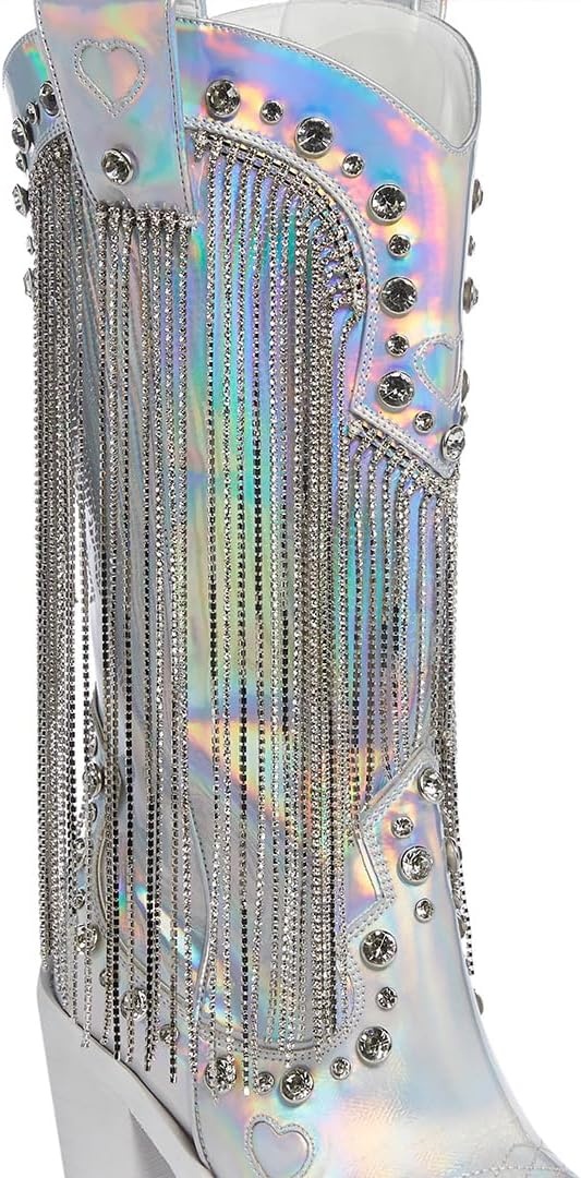 image:imageDolls Kill Present Perfect Cowboy Boots by Sugar Thrillz Vegan Leather Footwear With Rhinestone Fringe and Jewel StudsHolo