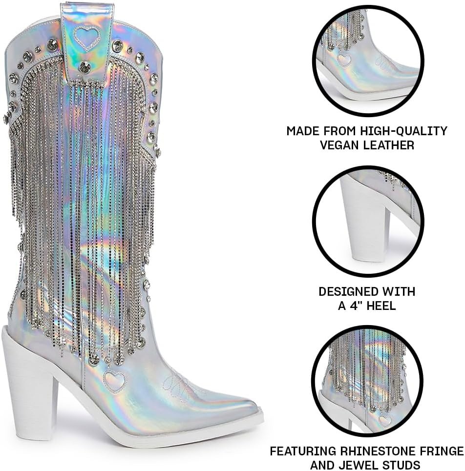 image:imageDolls Kill Present Perfect Cowboy Boots by Sugar Thrillz Vegan Leather Footwear With Rhinestone Fringe and Jewel StudsHolo