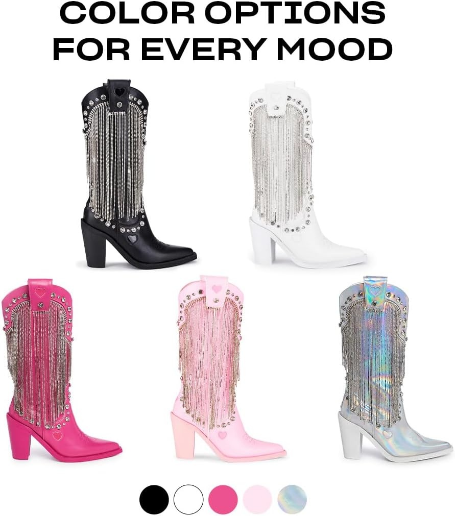 image:imageDolls Kill Present Perfect Cowboy Boots by Sugar Thrillz Vegan Leather Footwear With Rhinestone Fringe and Jewel StudsHolo
