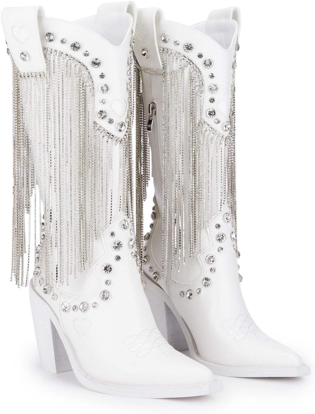 image:imageDolls Kill Present Perfect Cowboy Boots by Sugar Thrillz Vegan Leather Footwear With Rhinestone Fringe and Jewel StudsWhite