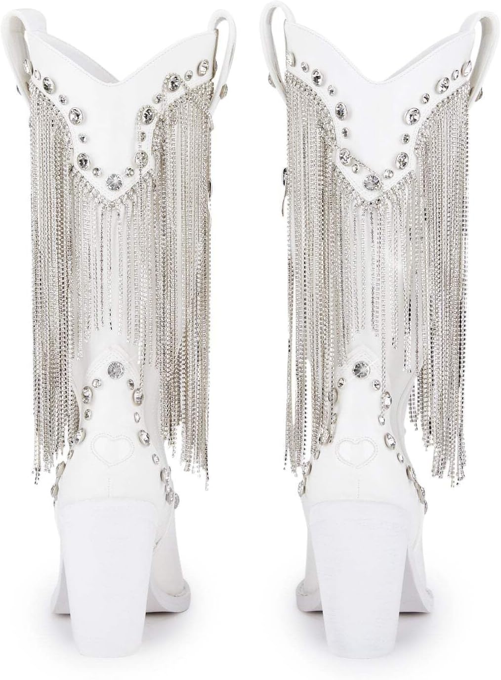 image:imageDolls Kill Present Perfect Cowboy Boots by Sugar Thrillz Vegan Leather Footwear With Rhinestone Fringe and Jewel StudsWhite
