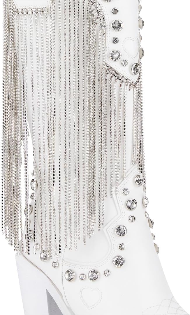 image:imageDolls Kill Present Perfect Cowboy Boots by Sugar Thrillz Vegan Leather Footwear With Rhinestone Fringe and Jewel StudsWhite
