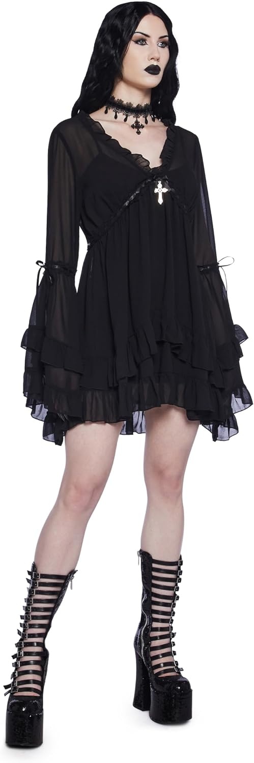 image:imageDolls Kill Real Divinity Mini Dress by Sugar Thrillz Heavenly Chiffon Dress with Tiered Bell Sleeves and Ruffled TrimBlack