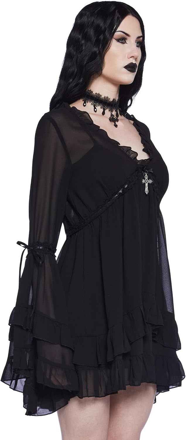 image:imageDolls Kill Real Divinity Mini Dress by Sugar Thrillz Heavenly Chiffon Dress with Tiered Bell Sleeves and Ruffled TrimBlack