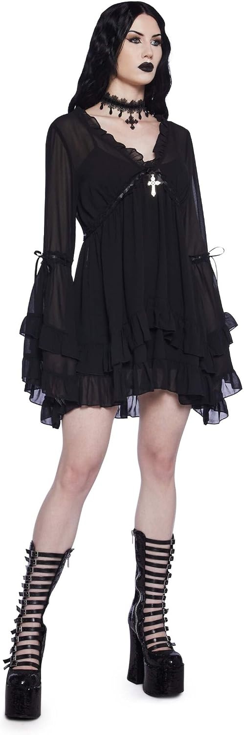image:imageDolls Kill Real Divinity Mini Dress by Sugar Thrillz Heavenly Chiffon Dress with Tiered Bell Sleeves and Ruffled TrimBlack
