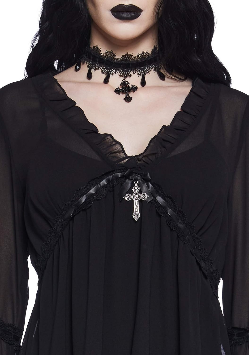 image:imageDolls Kill Real Divinity Mini Dress by Sugar Thrillz Heavenly Chiffon Dress with Tiered Bell Sleeves and Ruffled TrimBlack