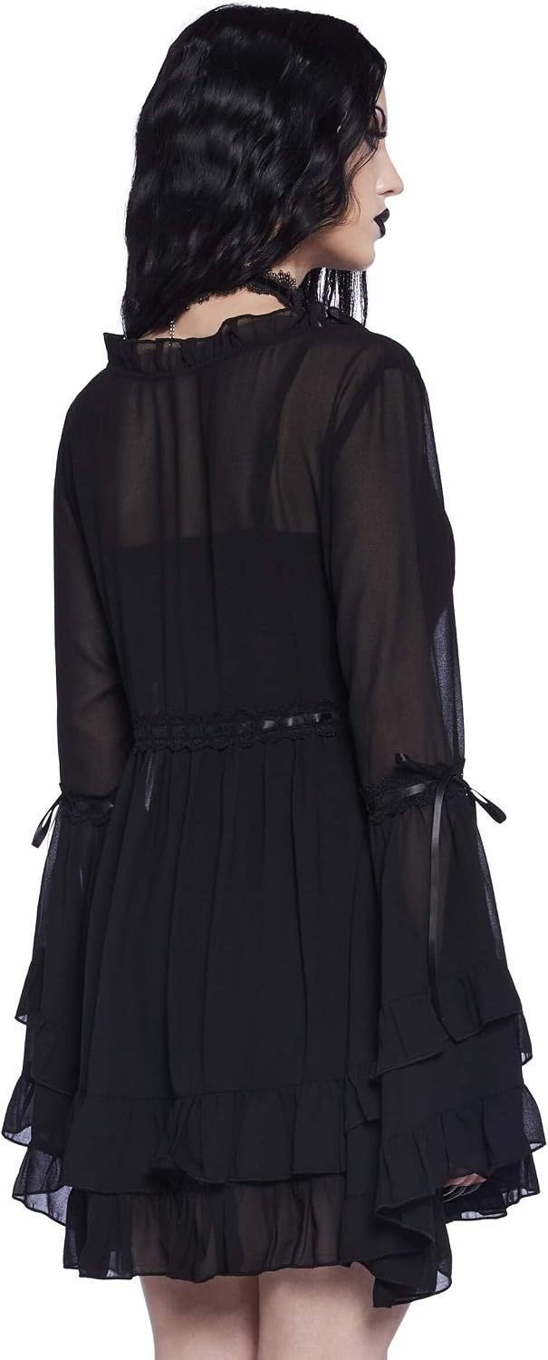 image:imageDolls Kill Real Divinity Mini Dress by Sugar Thrillz Heavenly Chiffon Dress with Tiered Bell Sleeves and Ruffled TrimBlack