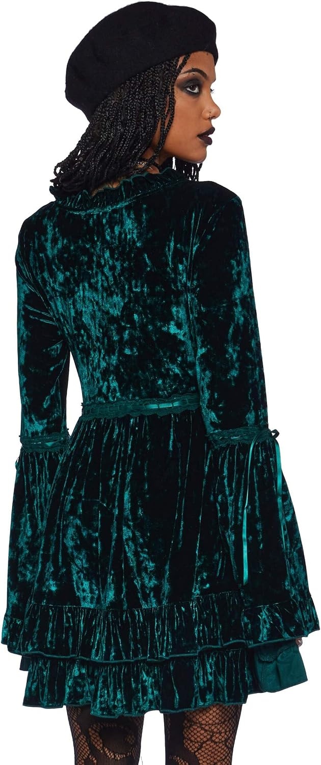 image:imageDolls Kill Real Divinity Mini Dress by Sugar Thrillz Heavenly Chiffon Dress with Tiered Bell Sleeves and Ruffled TrimEmerald Velvet