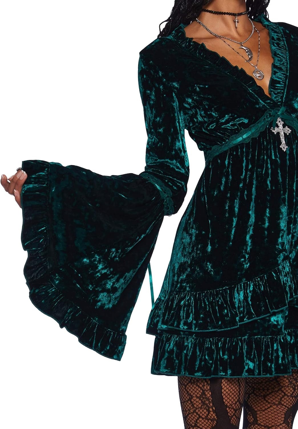 image:imageDolls Kill Real Divinity Mini Dress by Sugar Thrillz Heavenly Chiffon Dress with Tiered Bell Sleeves and Ruffled TrimEmerald Velvet