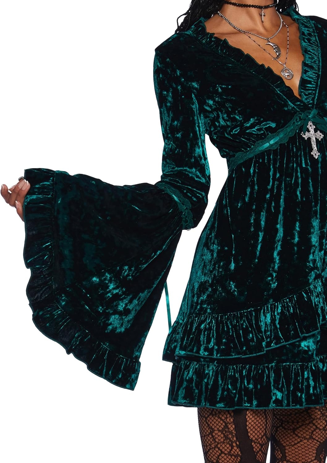 image:imageDolls Kill Real Divinity Mini Dress by Sugar Thrillz Heavenly Chiffon Dress with Tiered Bell Sleeves and Ruffled TrimEmerald Velvet