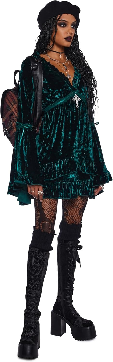 image:imageDolls Kill Real Divinity Mini Dress by Sugar Thrillz Heavenly Chiffon Dress with Tiered Bell Sleeves and Ruffled TrimEmerald Velvet