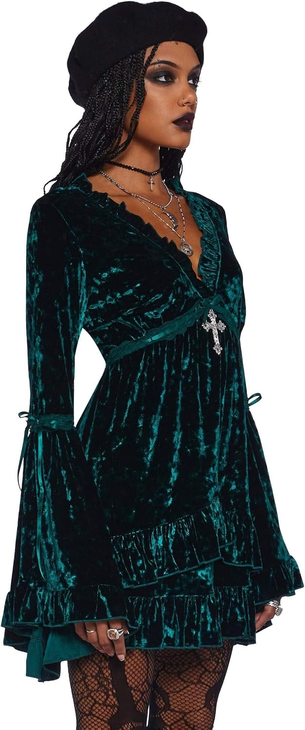 image:imageDolls Kill Real Divinity Mini Dress by Sugar Thrillz Heavenly Chiffon Dress with Tiered Bell Sleeves and Ruffled TrimEmerald Velvet