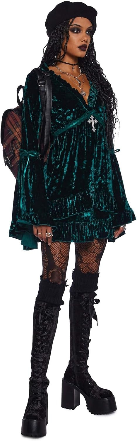 image:imageDolls Kill Real Divinity Mini Dress by Sugar Thrillz Heavenly Chiffon Dress with Tiered Bell Sleeves and Ruffled TrimEmerald Velvet