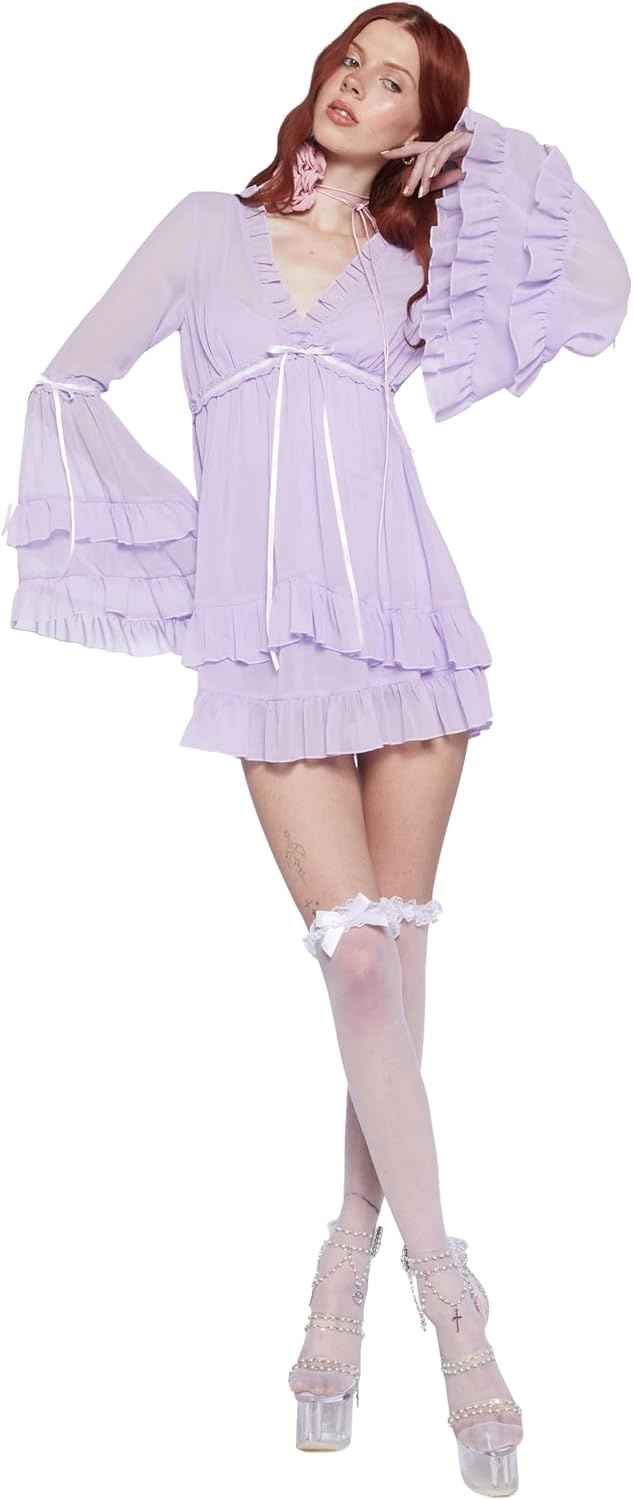 image:imageDolls Kill Real Divinity Mini Dress by Sugar Thrillz Heavenly Chiffon Dress with Tiered Bell Sleeves and Ruffled TrimLavender