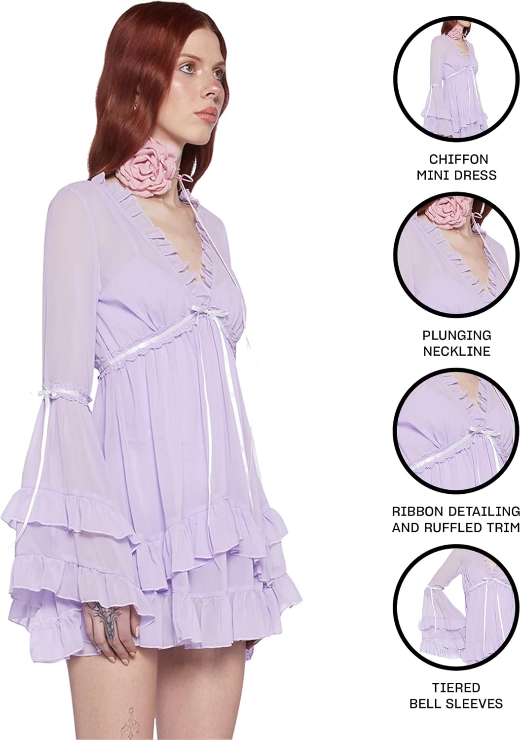 image:imageDolls Kill Real Divinity Mini Dress by Sugar Thrillz Heavenly Chiffon Dress with Tiered Bell Sleeves and Ruffled TrimLavender