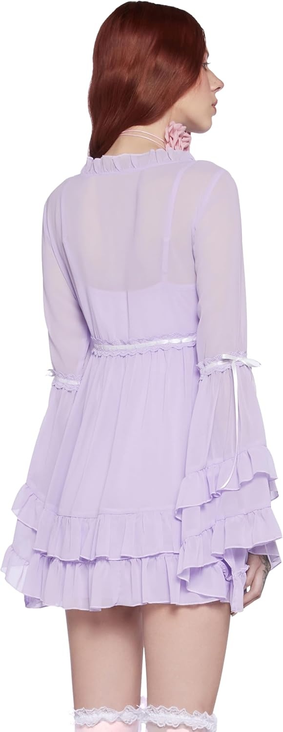image:imageDolls Kill Real Divinity Mini Dress by Sugar Thrillz Heavenly Chiffon Dress with Tiered Bell Sleeves and Ruffled TrimLavender
