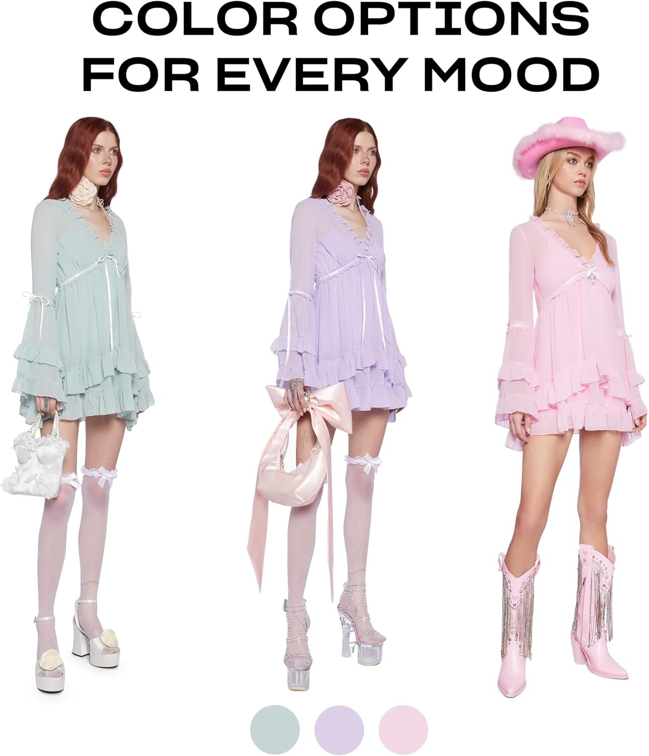 image:imageDolls Kill Real Divinity Mini Dress by Sugar Thrillz Heavenly Chiffon Dress with Tiered Bell Sleeves and Ruffled TrimLavender