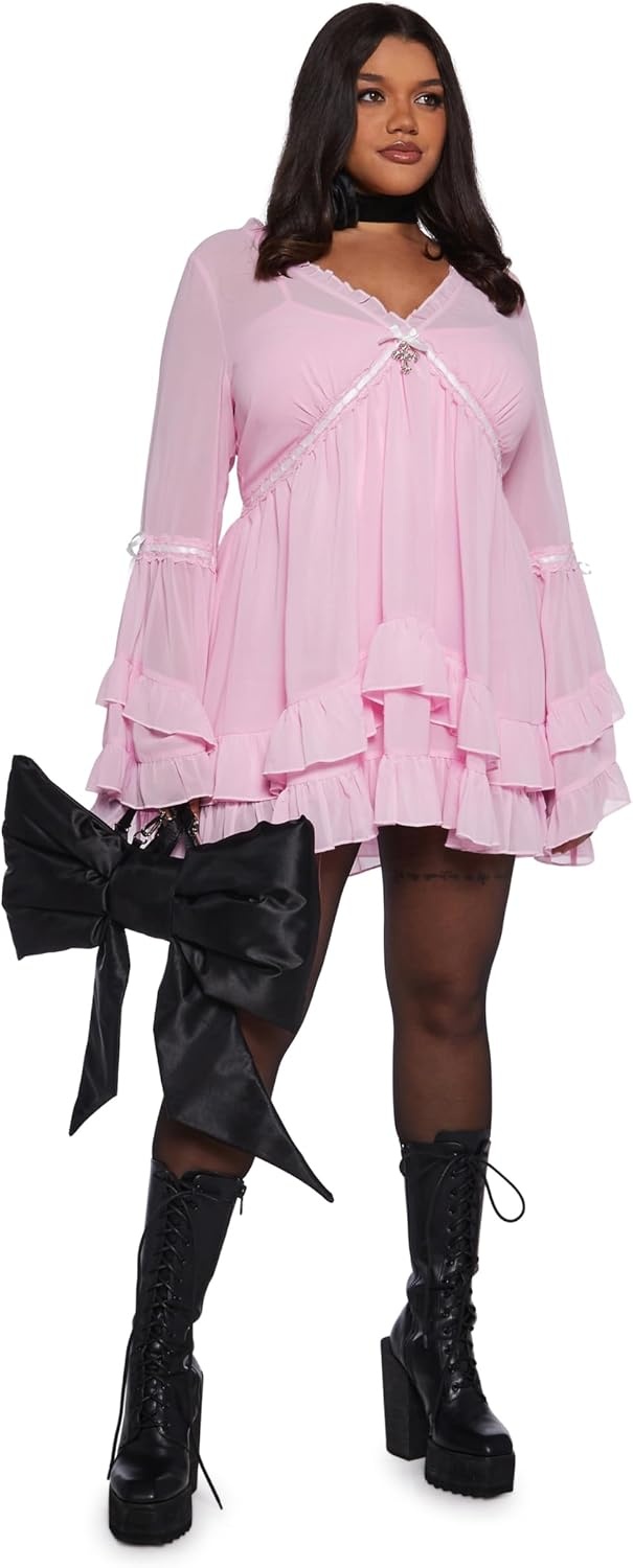 image:imageDolls Kill Real Divinity Mini Dress by Sugar Thrillz Heavenly Chiffon Dress with Tiered Bell Sleeves and Ruffled TrimLight Pink