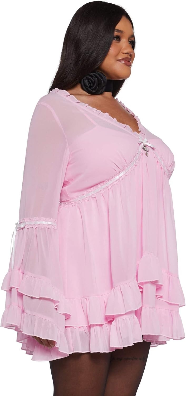 image:imageDolls Kill Real Divinity Mini Dress by Sugar Thrillz Heavenly Chiffon Dress with Tiered Bell Sleeves and Ruffled TrimLight Pink