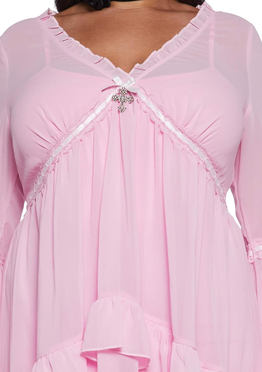 image:imageDolls Kill Real Divinity Mini Dress by Sugar Thrillz Heavenly Chiffon Dress with Tiered Bell Sleeves and Ruffled TrimLight Pink