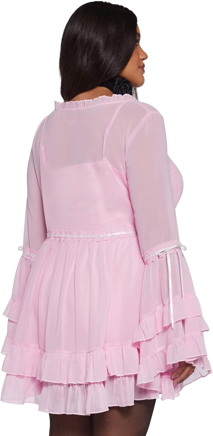 image:imageDolls Kill Real Divinity Mini Dress by Sugar Thrillz Heavenly Chiffon Dress with Tiered Bell Sleeves and Ruffled TrimLight Pink