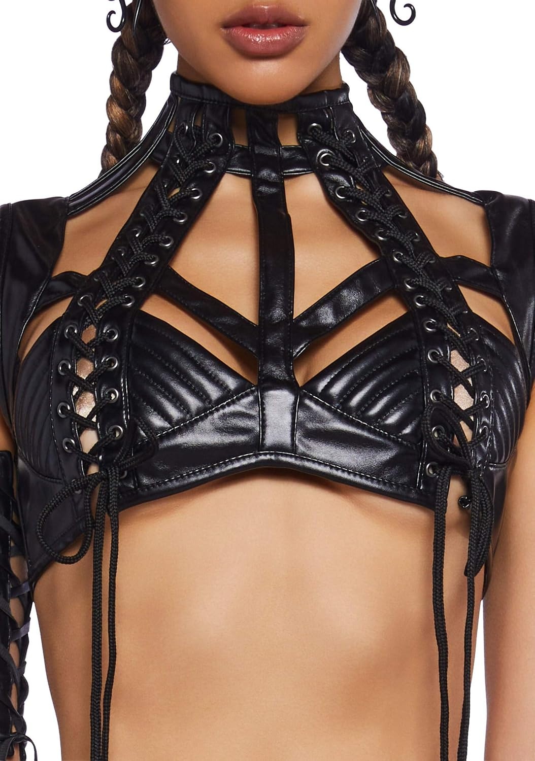image:imageDolls Kill Rude Awakening Harness Bra Top by Club Exx Vegan Leather LaceUp Cropped Fit for Festivals and RavesBlack