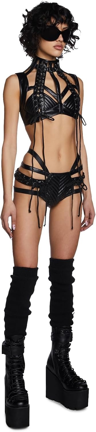 image:imageDolls Kill Rude Awakening Harness Bra Top by Club Exx Vegan Leather LaceUp Cropped Fit for Festivals and RavesBlack